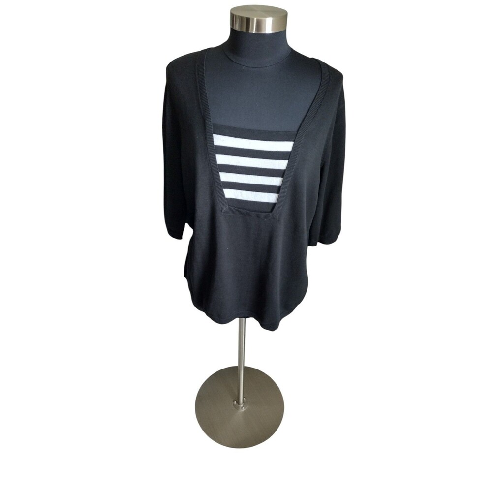 Bob Mackie Black White Stripe Square Neckline Nautical Coastal Knit Top Large